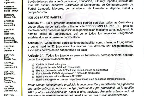 FEDECOMIN LA PAZ R.L., TE EXTIENDE LA CONVOCATORIA DEL XVIII CAMPEONATO DEPARTAMENTAL DE CONFRATERNIZACIÓN DE FÚTBOL «CATEGORÍA MAYORES» 2025